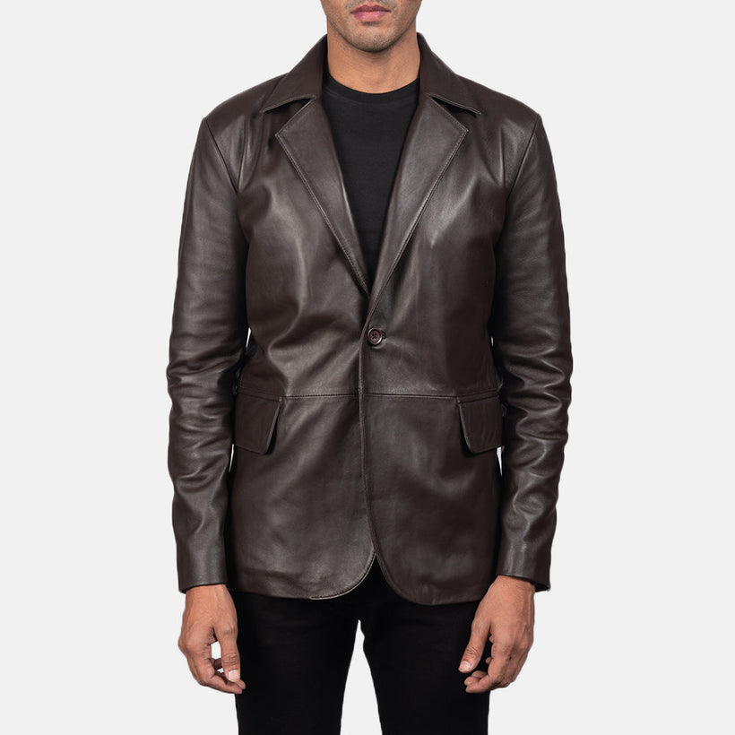 Daron Brown Leather Blazer in Brown Sheepskin Leather - Front Profile View & Tailored Silhouette | Buy Online