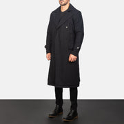 
Black Synthetic Wool Trench Coat - Back View Showing Tailored Shoulder Fit & Clean Hemline