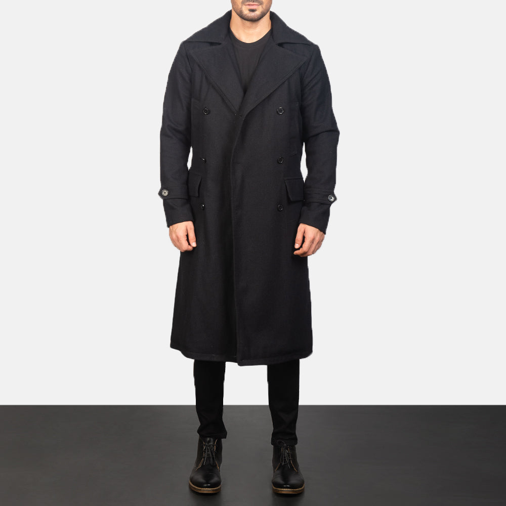 
Men's Detective Black Wool Coat - Lateral Side Profile View Showing Sleeve Cut & Athletic Taper Fit