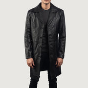 Men's Don Long Black Leather Coat in Black Cowhide Leather - Front Profile View &amp; Tailored Silhouette | Buy Online