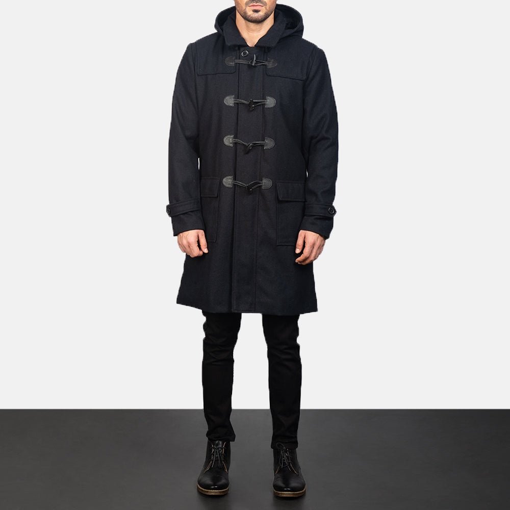 
Close-Up Detail of Shirt with Removable Hood & Toggle Buttons with Placket & Zipper Hardware on Men's Drake Black Wool Duffle Coat