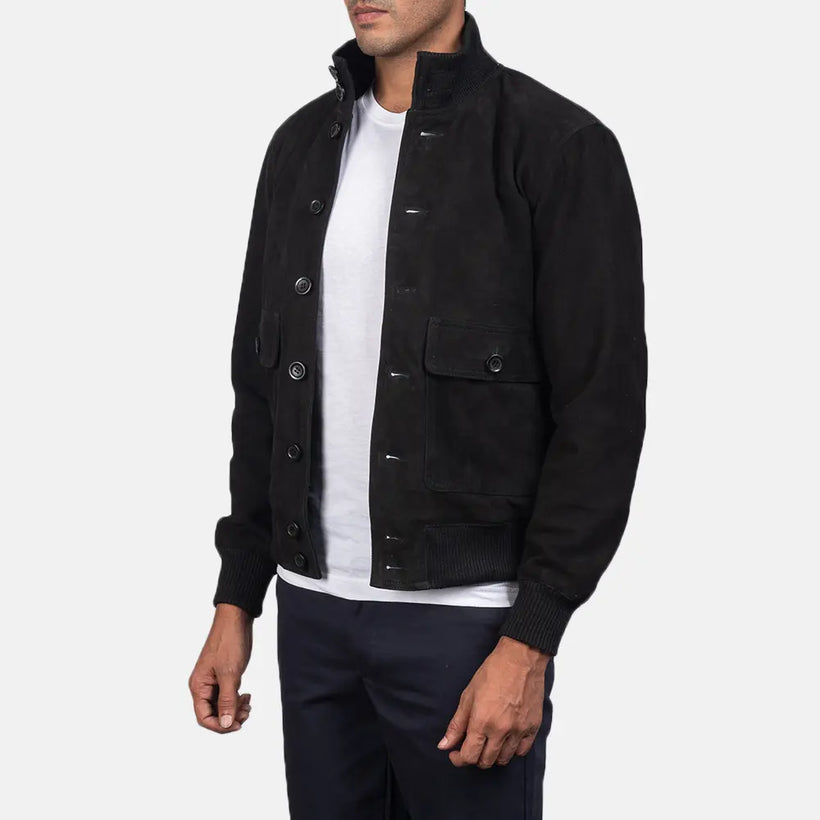 Brown Goatskin Suede Bomber Jacket - Back View Showing Tailored Shoulder Fit & Clean Hemline