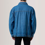 
Close-Up Detail of Classic Collar & Heavy-Duty Zipper Hardware on Eddie Dark Blue Oversized Denim Trucker Jacket For Men