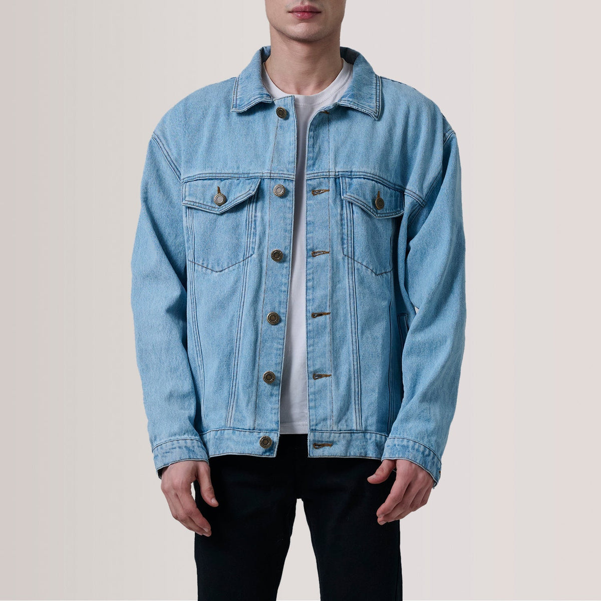 Eddie Light Blue Oversized Denim Trucker Jacket For Men in Light Blue Full-Grain Leather - Front Profile View &amp; Tailored Silhouette | Buy Online