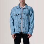 Eddie Light Blue Oversized Denim Trucker Jacket For Men in Light Blue Full-Grain Leather - Front Profile View &amp; Tailored Silhouette | Buy Online