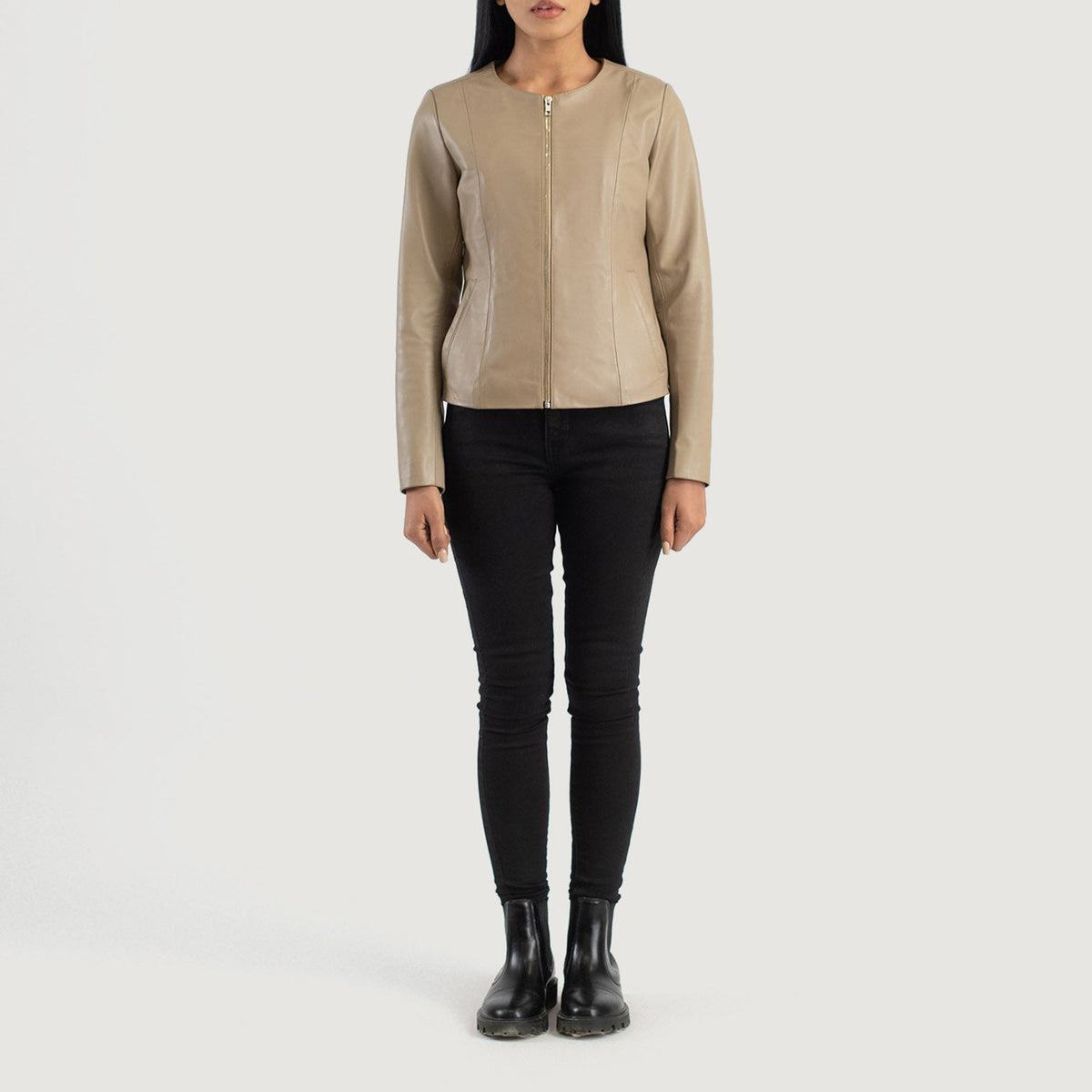 Elixir Beige Collarless Leather Jacket - Lateral Side Profile View Showing Sleeve Cut &amp; Athletic Taper Fit