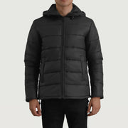 
Erico Black Hooded Puffer Jacket in Black Full-Grain Leather - Front Profile View & Tailored Silhouette | Buy Online