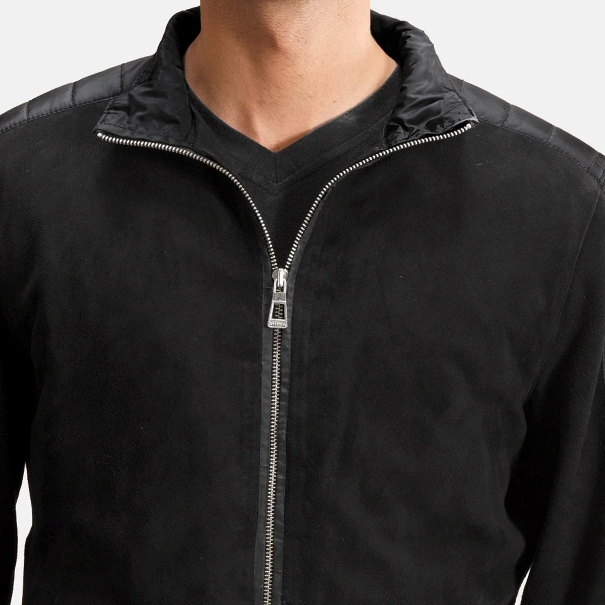 Close-Up Detail of High Neck &amp; Zipper Hardware on Men's Ethan Hybrid Suede Bomber Jacket