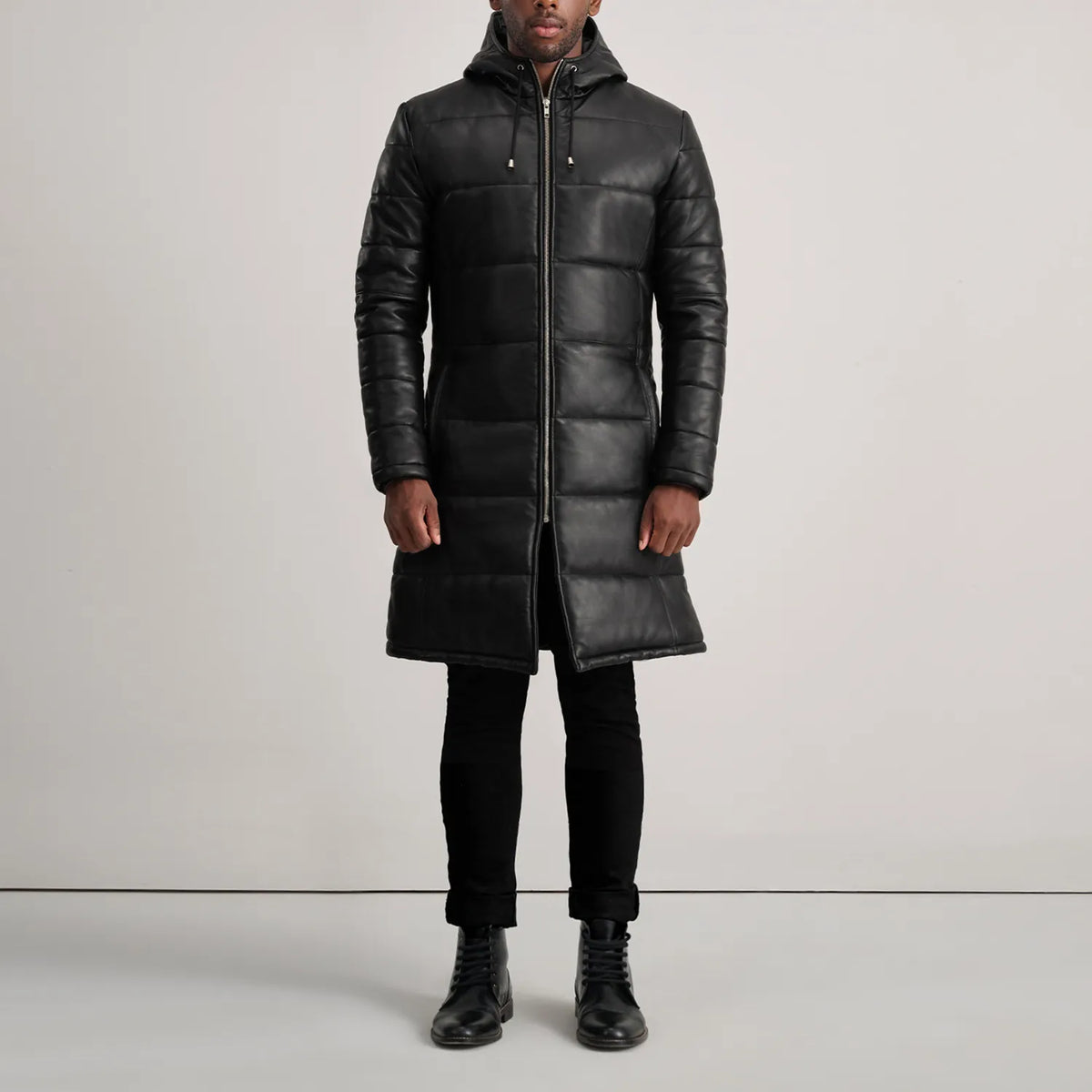 
Floyd Tan Hooded Leather Puffer Coat - Lateral Side Profile View Showing Sleeve Cut & Athletic Taper Fit