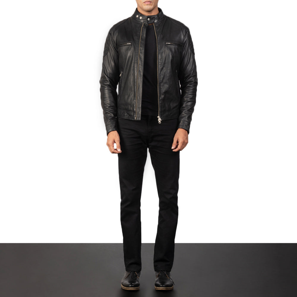
Men's Gatsby Quilted Black Leather Biker Jacket - Lateral Side Profile View Showing Sleeve Cut & Athletic Taper Fit