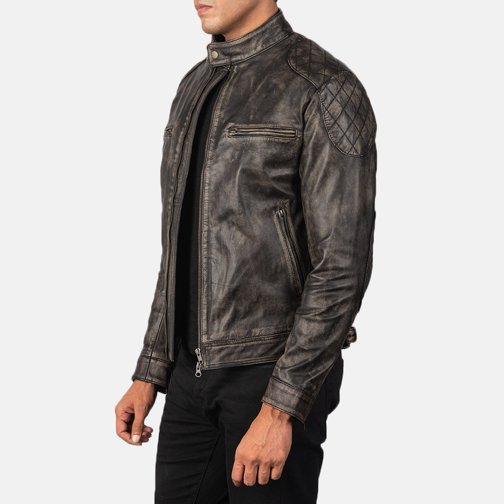 
Distressed Brown Goatskin Leather Biker Jacket - Back View Showing Tailored Shoulder Fit & Clean Hemline