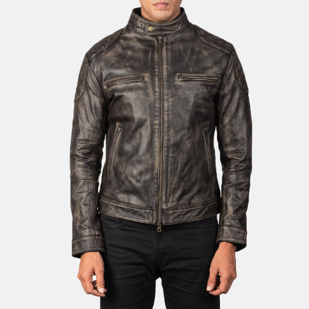 
Men's Gatsby Quilted Distressed Brown Leather Jacket - Lateral Side Profile View Showing Sleeve Cut & Athletic Taper Fit