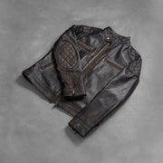
Styled Fit Perspective of Men's Gatsby Quilted Distressed Brown Leather Jacket on Model - Natural Daylight Drape