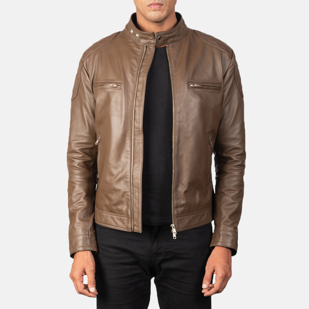 
Gatsby Mocha Leather Biker Jacket in Dark Brown Sheepskin Leather - Front Profile View & Tailored Silhouette | Buy Online