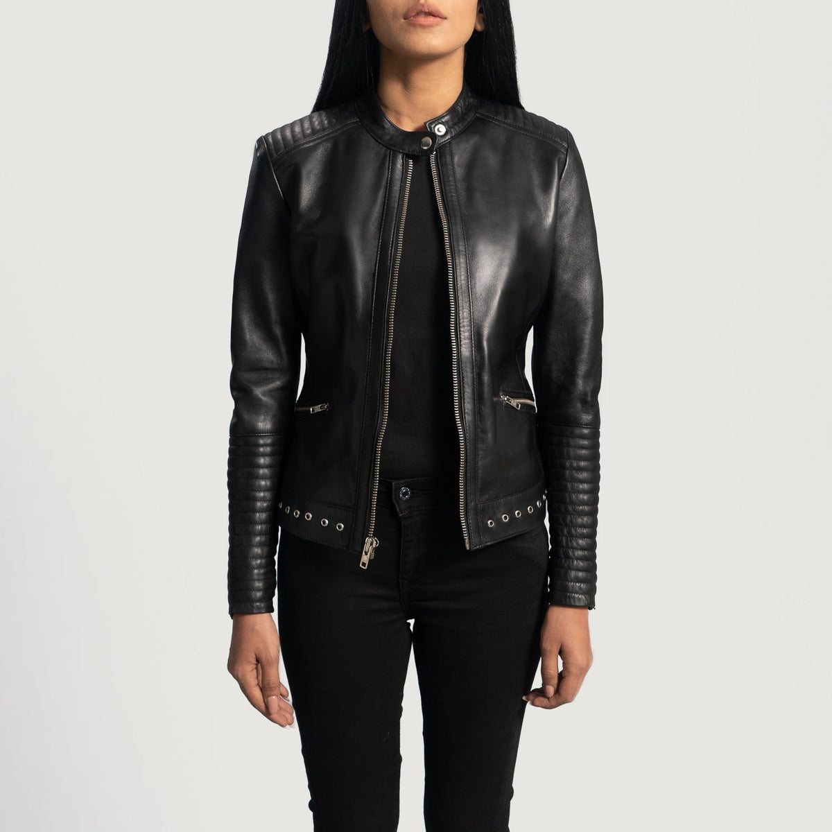 
Black Sheepskin Leather Biker Jacket - Back View Showing Tailored Shoulder Fit & Clean Hemline