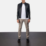 Hank Black Leather Biker Jacket - Lateral Side Profile View Showing Sleeve Cut &amp; Athletic Taper Fit