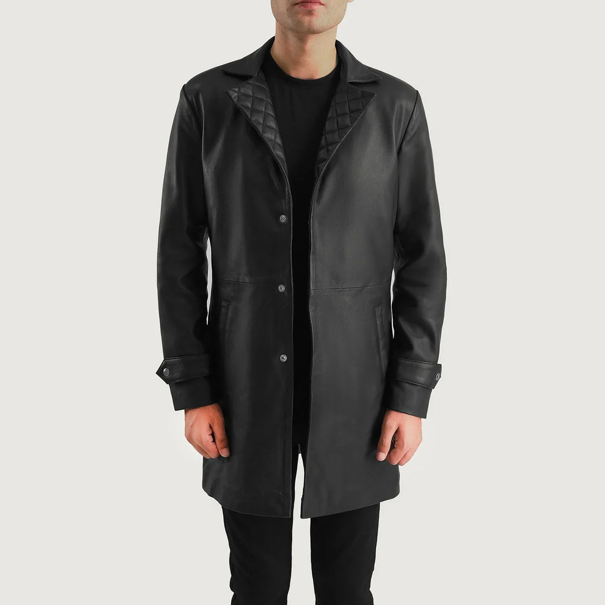 
Close-Up Detail of Notch & Snap Button Hardware on Infinity Black Leather Coat