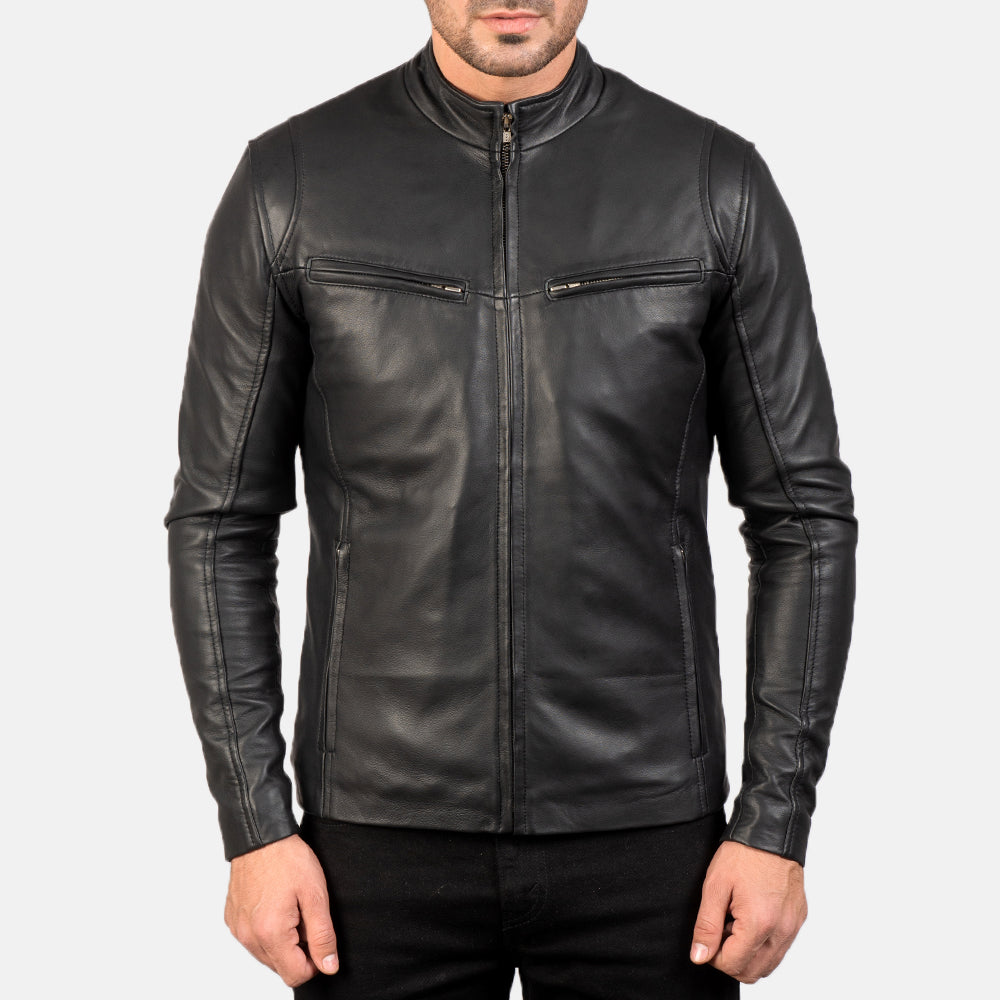 Close-Up Detail of Band & Zipper Hardware on Men's Ionic Black Leather Jacket