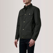 
Irwin Olive Waxed Canvas Field Jacket For Men - Lateral Side Profile View Showing Sleeve Cut & Athletic Taper Fit