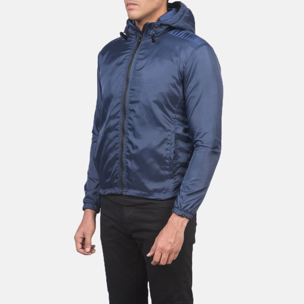 
Blue Nylon Hooded Jacket - Back View Showing Tailored Shoulder Fit & Clean Hemline