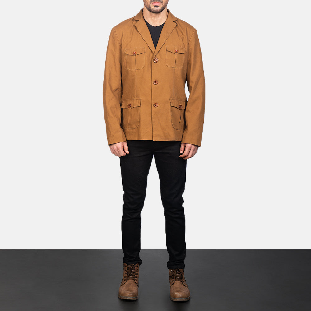 
Kajetan Khaki Safari Jacket - Lateral Side Profile View Showing Sleeve Cut & Athletic Taper Fit