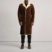 
Kolby Brown Suede Shearling Long Coat - Lateral Side Profile View Showing Sleeve Cut & Athletic Taper Fit