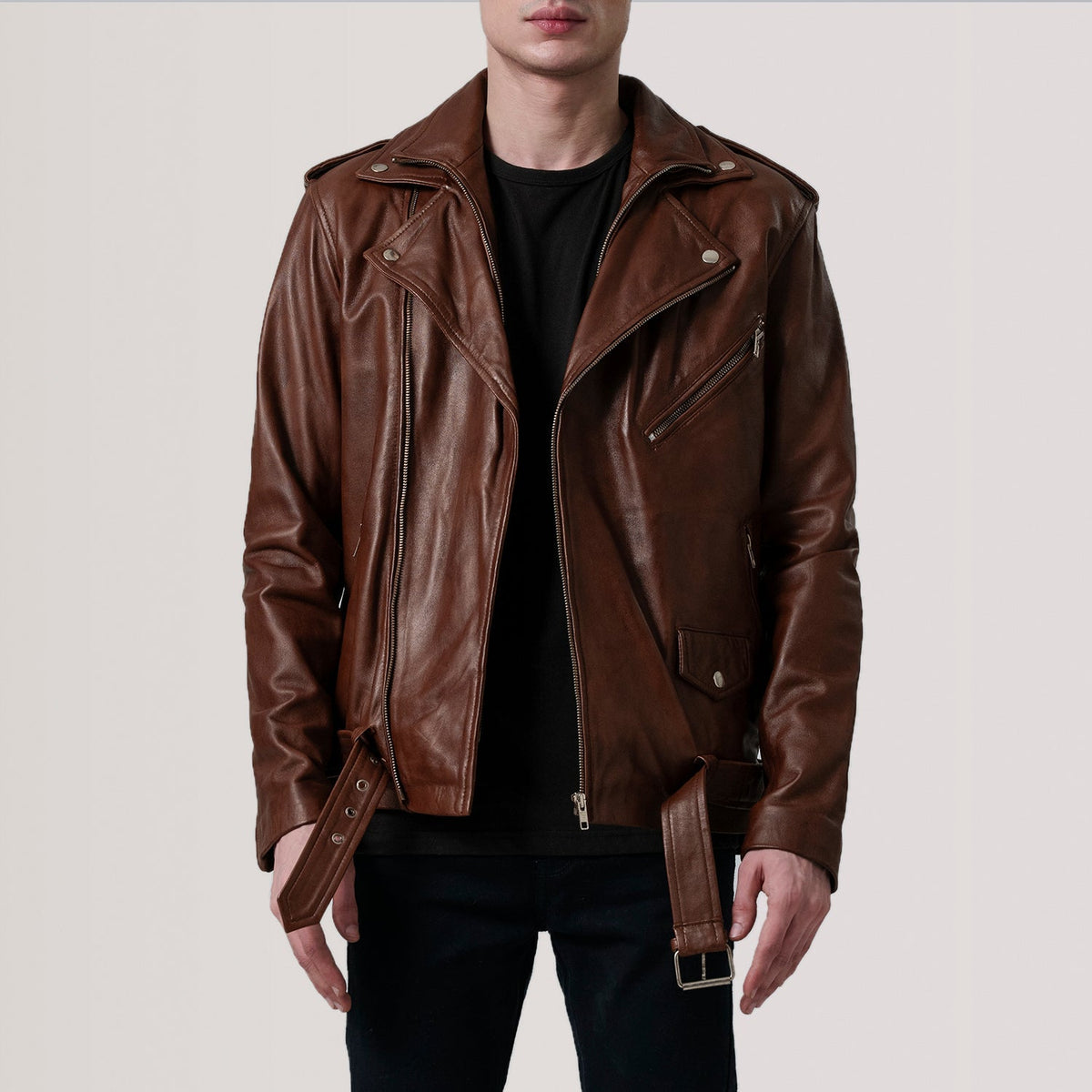 Kole Waxed Brown Leather Double Rider Jacket in Distressed Brown Sheepskin Burnished - Front Profile View &amp; Tailored Silhouette | Buy Online