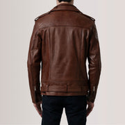 Close-Up Detail of Notch &amp; Zipper &amp; Waist Straps Hardware on Kole Waxed Brown Leather Double Rider Jacket