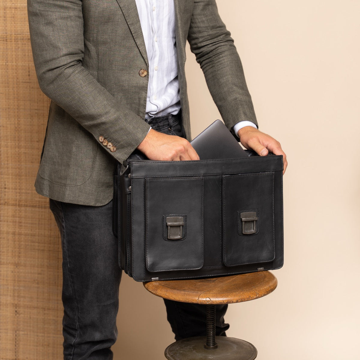 Springfield Full-Grain Leather Briefcase - Structured Side Profile Showing Gusset Depth &amp; Expansion Capacity