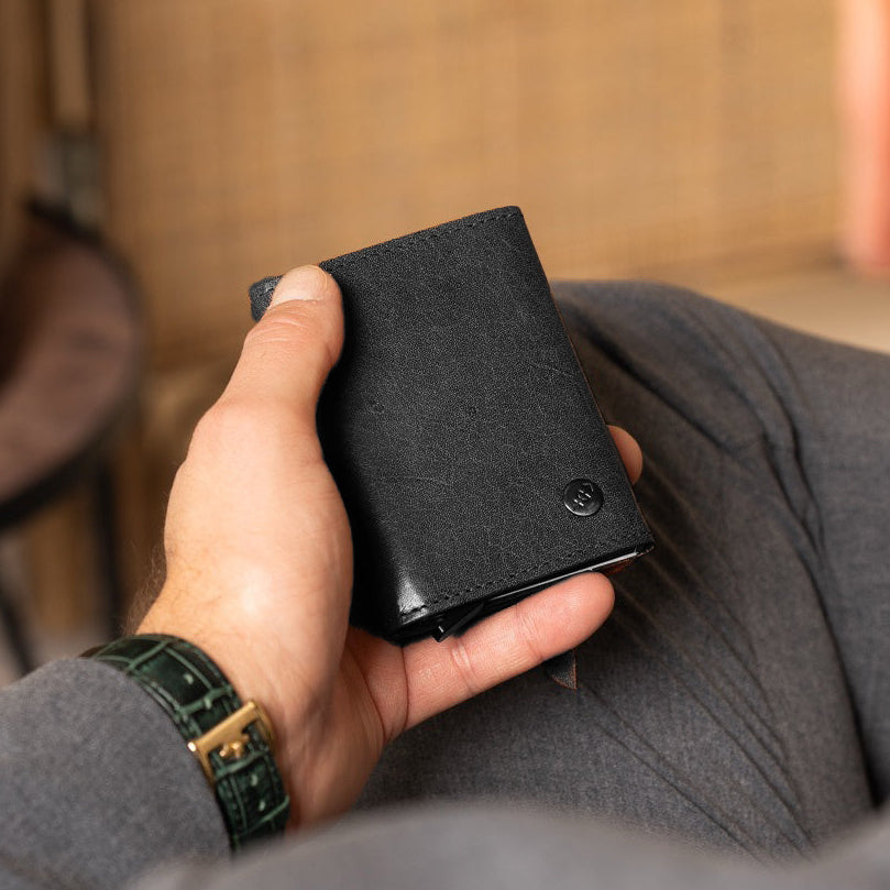 
Classic 100% Full-Grain Leather Card Holder - Rear Perspective Showing Reinforced Leather Straps & Stitching