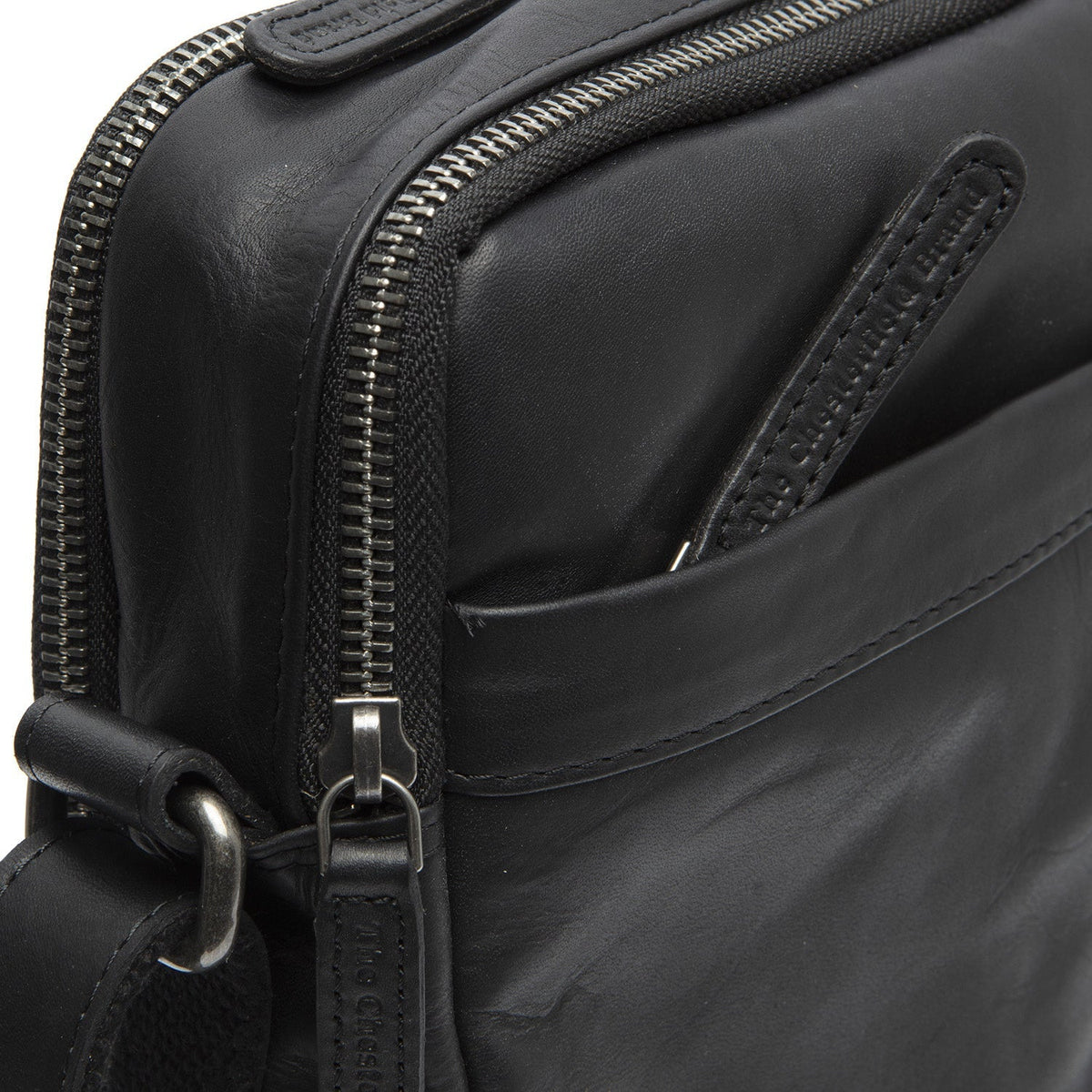 Solid Antique Brass Hardware &amp; Heavy-Duty Dual Zipper Detail on Alva Full-Grain Leather Crossbody Bag