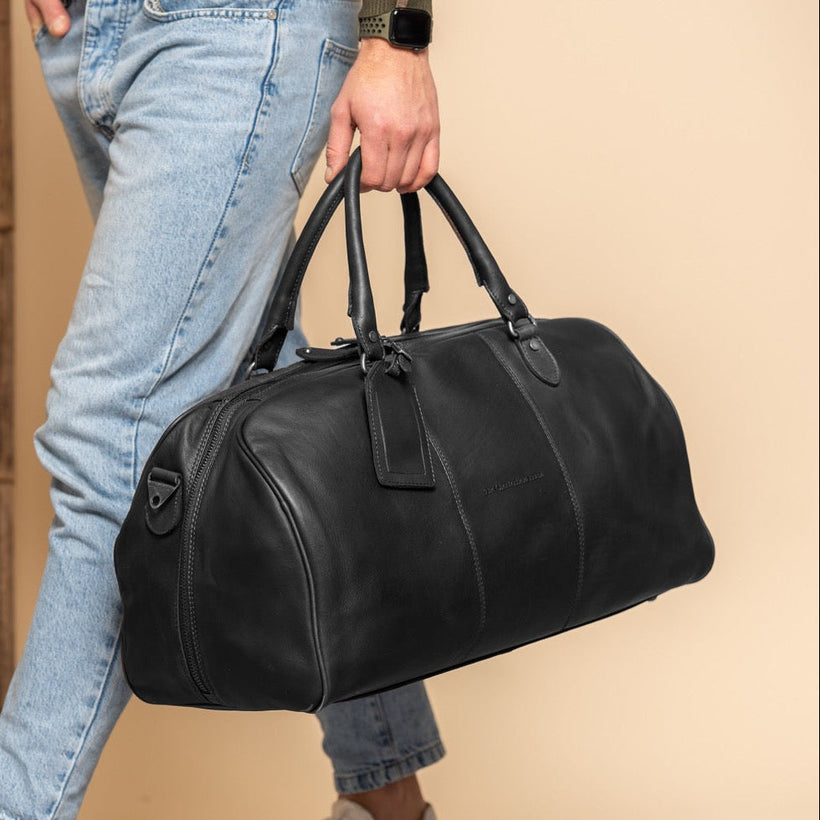 Classic 100% Full-Grain Leather Duffle Bag - Rear Perspective Showing Reinforced Leather Straps & Stitching