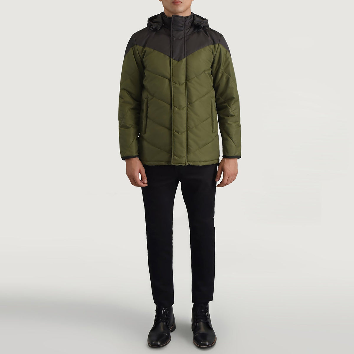 
Luka Black & Green Hooded Puffer Jacket - Lateral Side Profile View Showing Sleeve Cut & Athletic Taper Fit