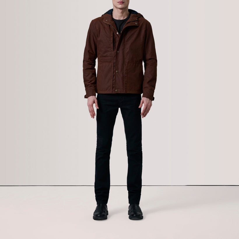 Brown Waxed Cotton Canvas Hooded Jacket - Back View Showing Tailored Shoulder Fit & Clean Hemline