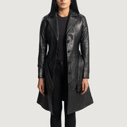 Women's Moonlight Black Leather Trench Coat in Black Sheepskin Leather - Front Profile View &amp; Tailored Silhouette | Buy Online
