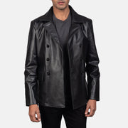 
Close-Up Detail of Notch & Buttons Hardware on Men's Mr. Bailey Black Leather Naval Peacoat