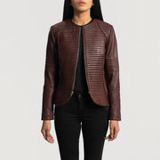 
Women's Nexi Quilted Maroon Leather Jacket - Lateral Side Profile View Showing Sleeve Cut & Athletic Taper Fit