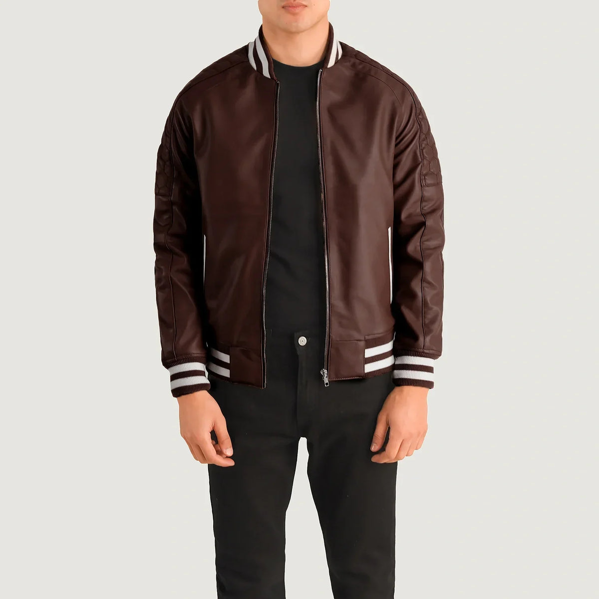 Pascal Maroon Leather Varsity Jacket in Maroon Sheepskin Leather - Front Profile View &amp; Tailored Silhouette | Buy Online