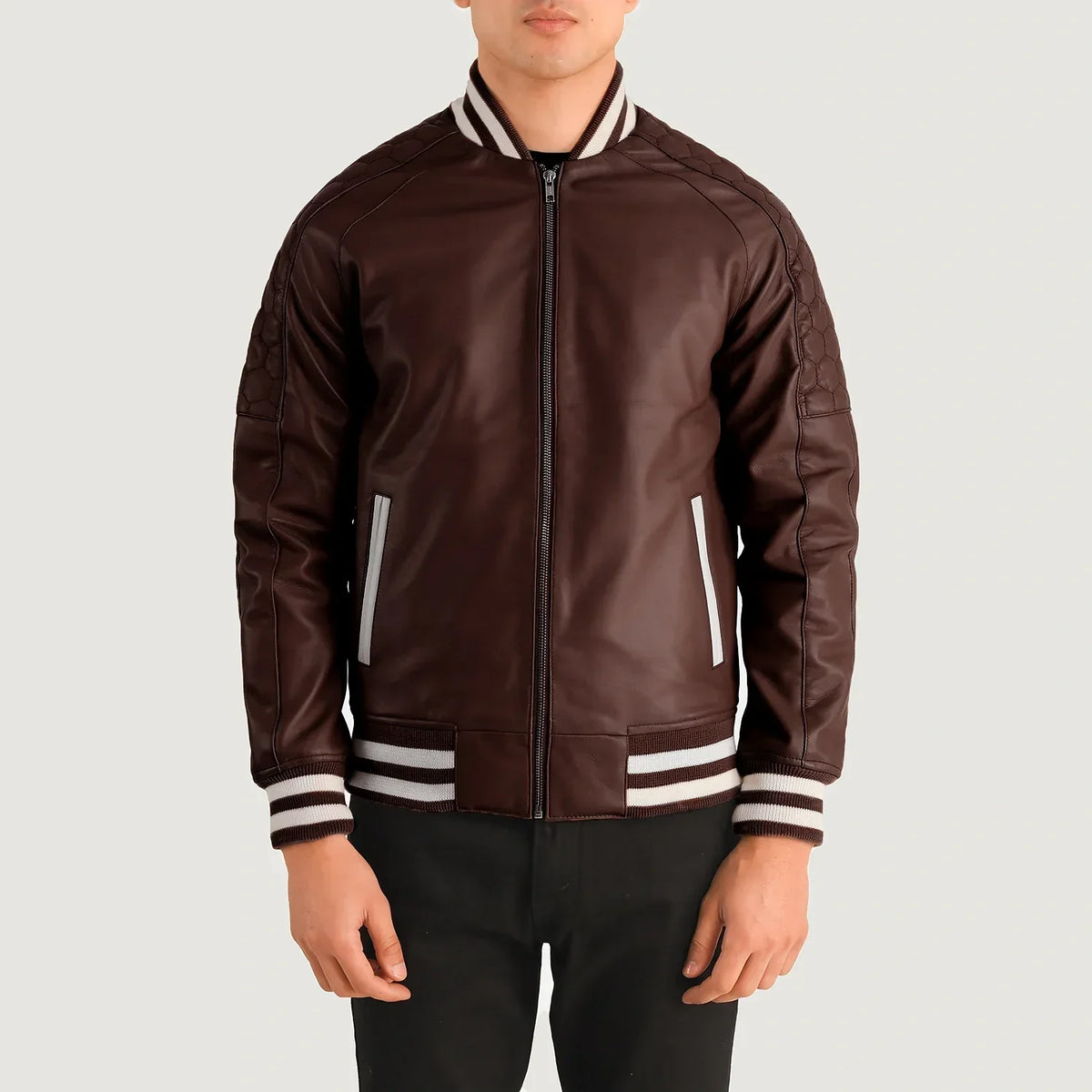 Close-Up Detail of Varsity collar &amp; Zipper Hardware on Pascal Maroon Leather Varsity Jacket