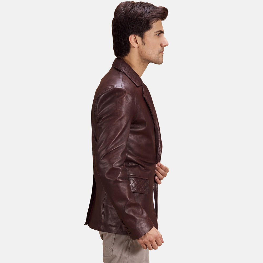 
Maroon Sheepskin leather Blazer - Back View Showing Tailored Shoulder Fit & Clean Hemline