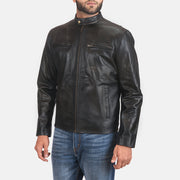 
Distressed Black Cowhide Leather Biker Jacket - Back View Showing Tailored Shoulder Fit & Clean Hemline