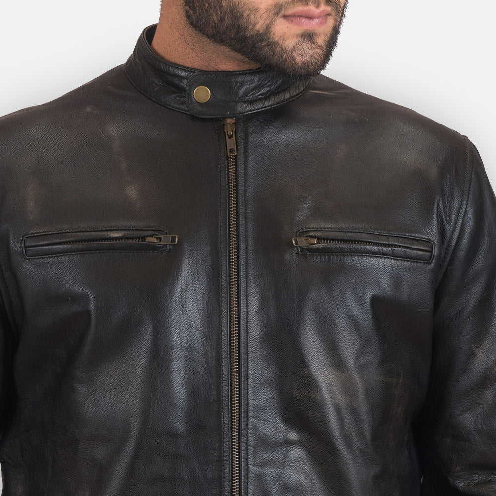 
Close-Up Detail of Band with snap button & Zipper Hardware on Rustic Black Leather Biker Jacket