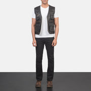 
Men's Safari Brown Leather Vest - Lateral Side Profile View Showing Sleeve Cut & Athletic Taper Fit