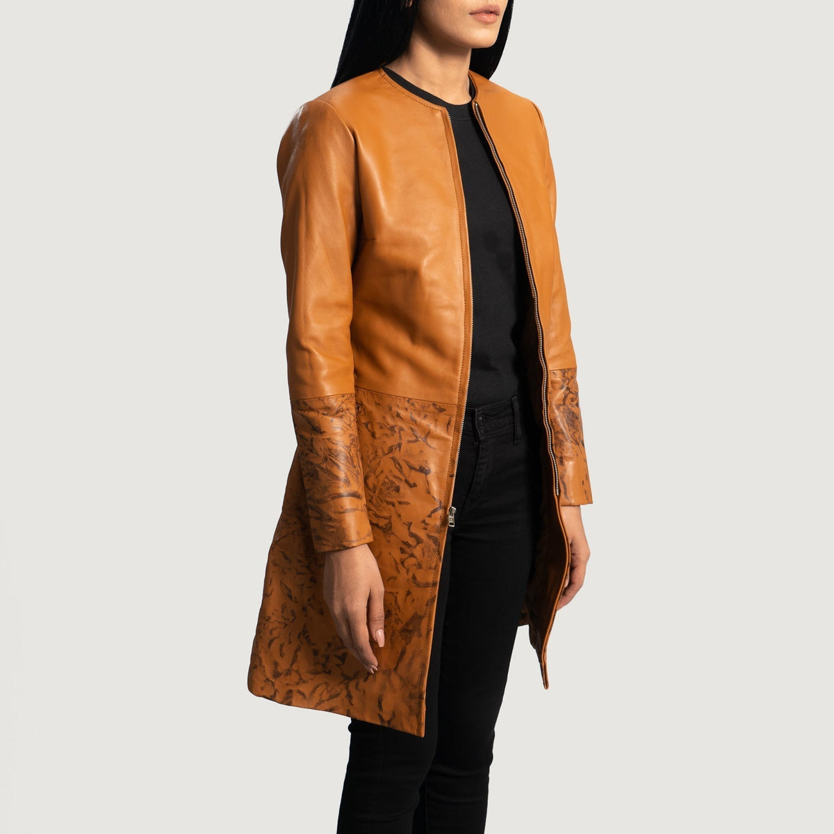 
Tan Brown Sheepskin Dip &Amp; Dye Leather Coat - Back View Showing Tailored Shoulder Fit & Clean Hemline