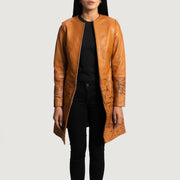 
Women's Sandy Tan Dye Leather Coat - Lateral Side Profile View Showing Sleeve Cut & Athletic Taper Fit