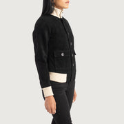
Black Goatskin Suede Bomber Jacket - Back View Showing Tailored Shoulder Fit & Clean Hemline