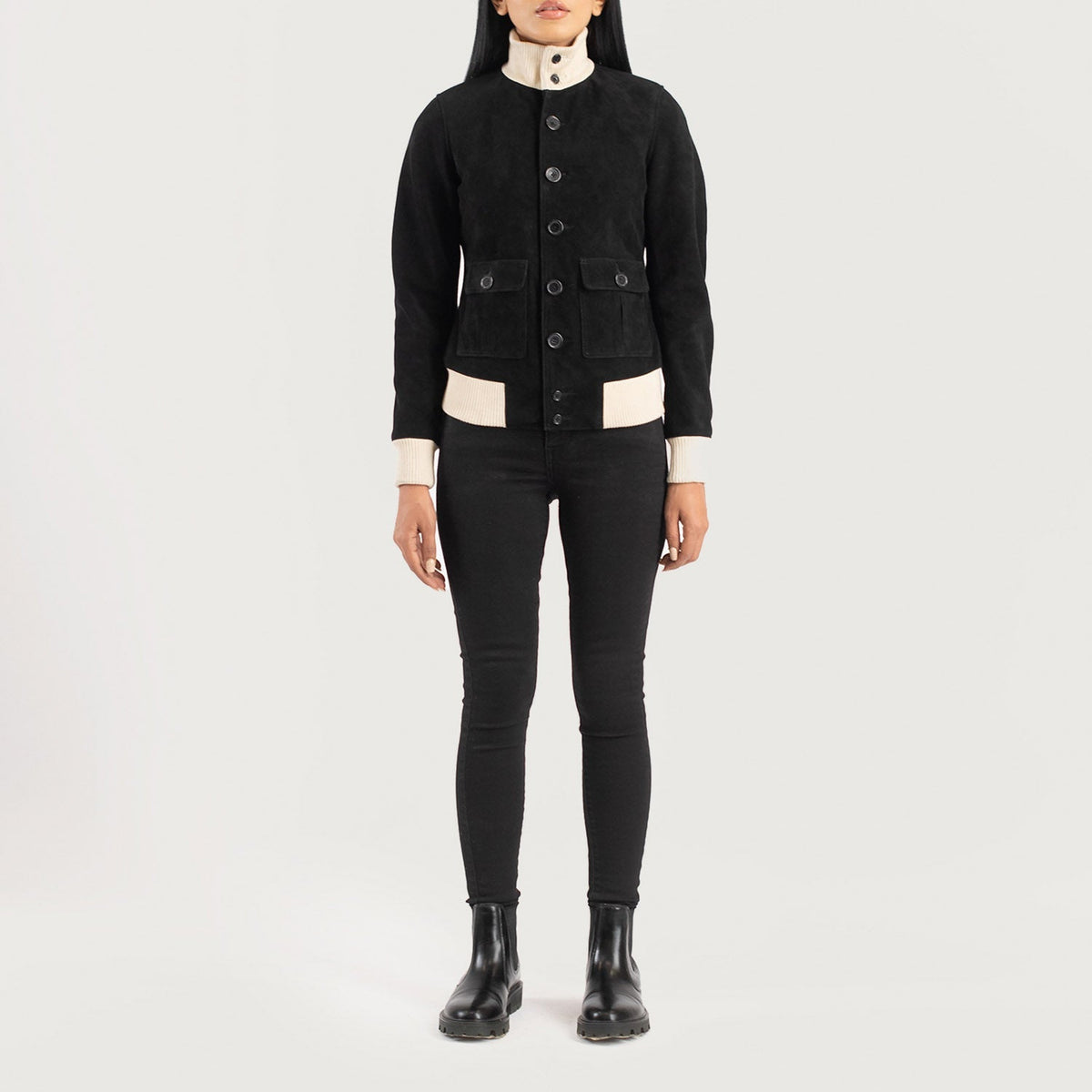 
Women's Sasha A1 Black Suede Bomber Jacket - Lateral Side Profile View Showing Sleeve Cut & Athletic Taper Fit