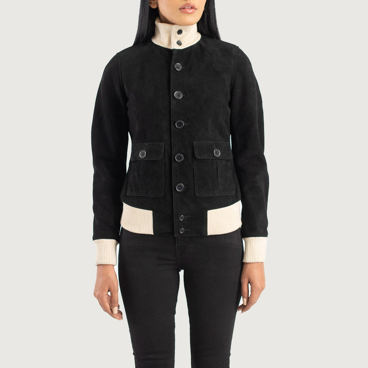 
Close-Up Detail of Knit Rib & Buttons Hardware on Women's Sasha A1 Black Suede Bomber Jacket