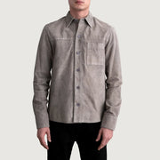
Scout Grey Suede Leather Shirt - Lateral Side Profile View Showing Sleeve Cut & Athletic Taper Fit