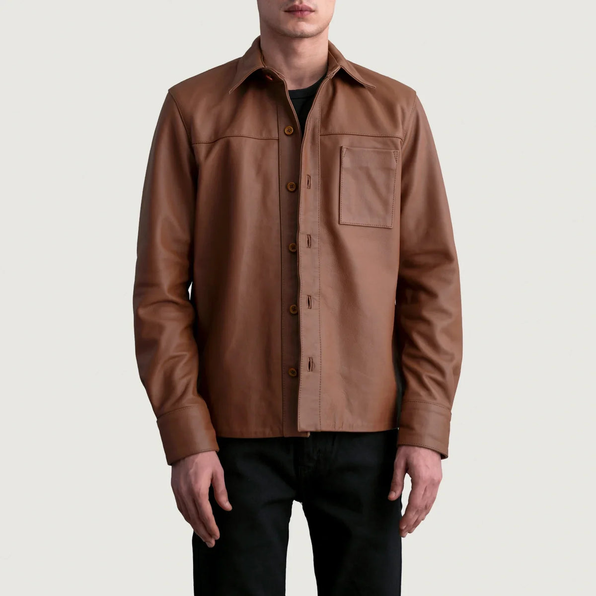Scout Matte Brown Leather Shirt in Matte Brown Cowhide Leather - Front Profile View &amp; Tailored Silhouette | Buy Online